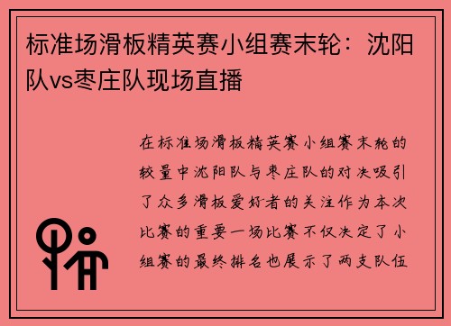 标准场滑板精英赛小组赛末轮：沈阳队vs枣庄队现场直播